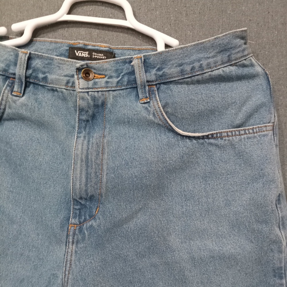 Vans Covina 5-Pocket Baggy Denim Shorts Blue Light Wash Frog Patch Mens 36 y2k